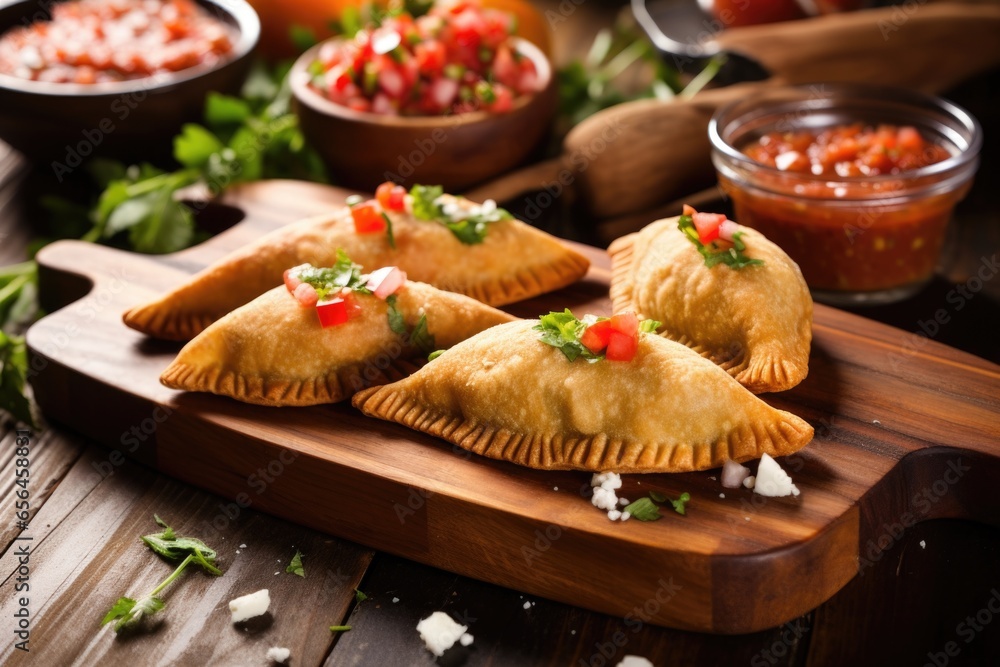 golden empanadas on a rustic wooden board with salsa dip golden empanadas on a rustic wooden board with salsa dip