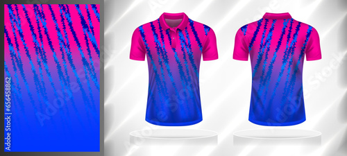 Vector sport pattern design template for Polo T-shirt front and back with short sleeve view mockup. Pink-blue color gradient abstract line  texture background illustration.