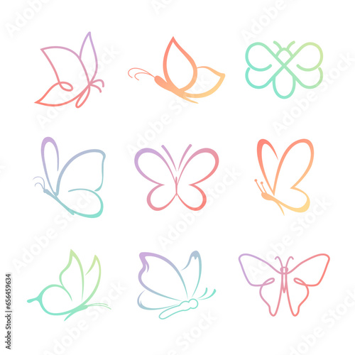 Collection of colorful Butterfly line drawing elements. icon logo vector set	