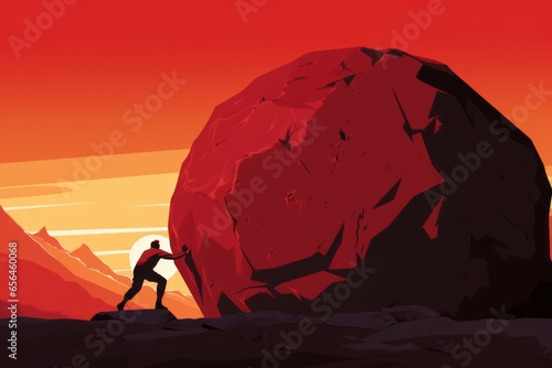 Silhouette of a man rolling an immense red rock in a desert sunset. Cartoon look. Minimal concept of hard work, big task, doing something in vain and persistent struggle. T-shirt print. photo