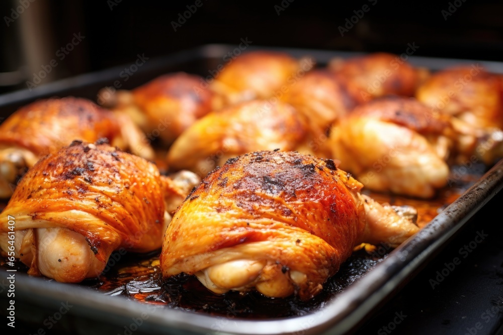 fully cooked chicken thighs resting on a roasting tray - obrazy, fototapety, plakaty 