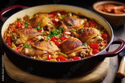 hearty chicken thighs resting in a paella dish
