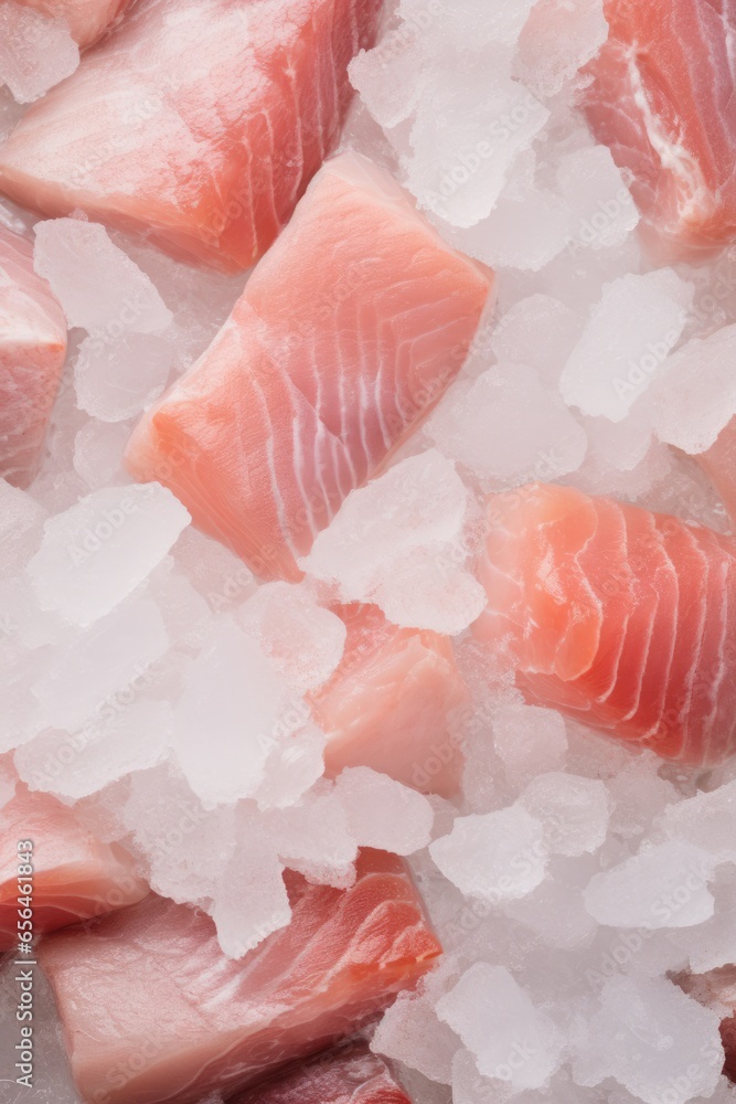 Close up overhead view of raw sliced fish fillet on ice.