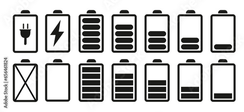 Battery icon set. Battery charging indicators. Alkaline battery capacity and charging progress. Vector illustration.
