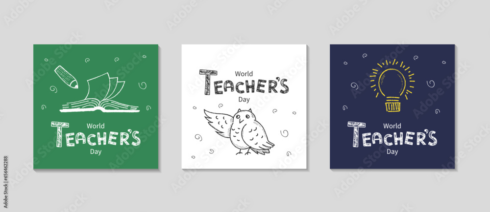 Happy Teachers day card with school chalk doodle illustration. Social media Post template set. Happy Teachers day card with school chalk doodle illustration. Social media Post template set.