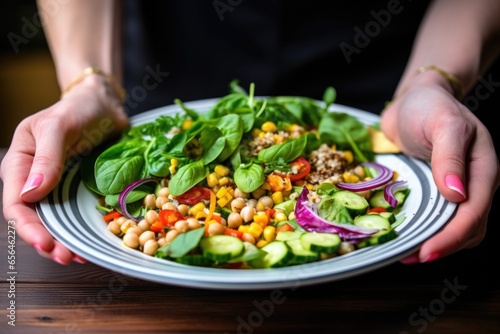 hand holding a salad plate with chickpeas and vegetables