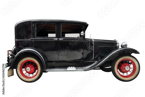 Side view of an early twentieth century black luxury classic car