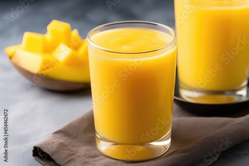 glass of cold mango juice with dewy sides