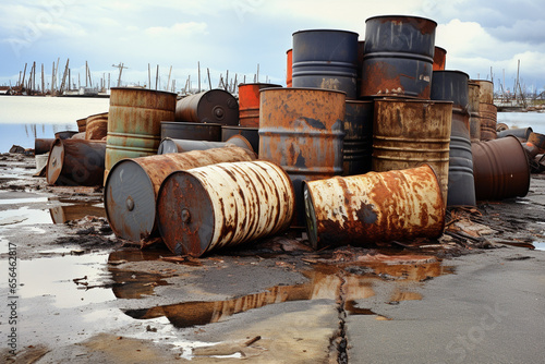 Old and rusted leaking oil drums or barrels