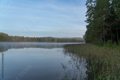 A wonderful morning view of the foggy Niedraja lake. Smiltene, Latvia photo