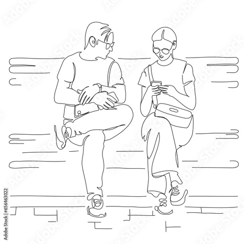 Couple sitting on park bench, talking, using phones. Wearing glasses. Black and white vector illustration in line art style.