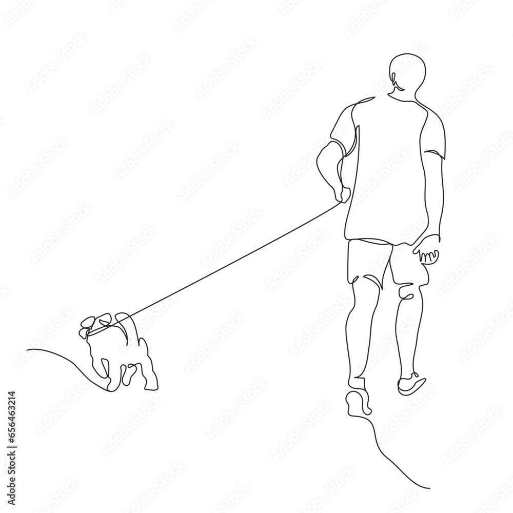 Man and small dog going into opposite directions. Owner pulling dog