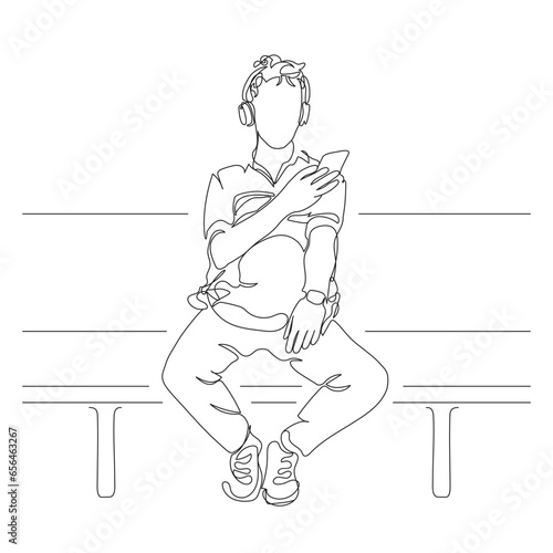 Man with headset using phone to watch vertical video. Sitting on bench. Holding backpack and wearing watch. Single line drawing. Black and white vector illustration in line art style.