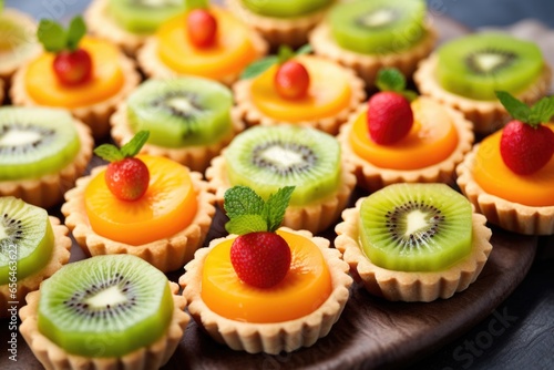 an assortment of mini tarts with kiwi, orange, and apple pieces