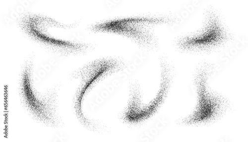 Charcoal splashes, black dotwork grain texture, abstract stipple sand effect, gradient from dots isolated on white background. Vector illustration.