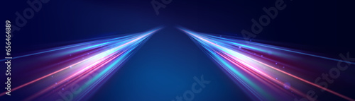 Abstract background of luminous lines. Neon lines. Laser rays. Abstract blue light lines on dark background. Futuristic technology style. Vector illustration road.