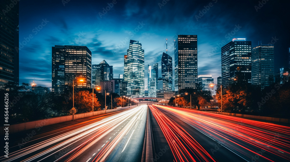 Fototapeta premium Vibrant Urban Nighttime Cityscape with Blurred Traffic Light Trails, long exposure
