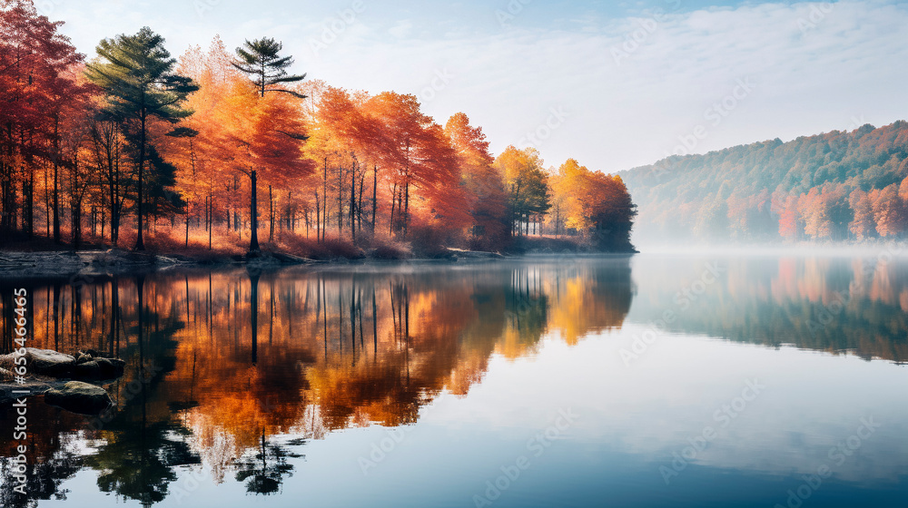 foggy autumn landscape with lake