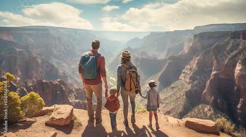 a family of hikers overlooking a canyon landscape on a new adventure, facing away from the camera