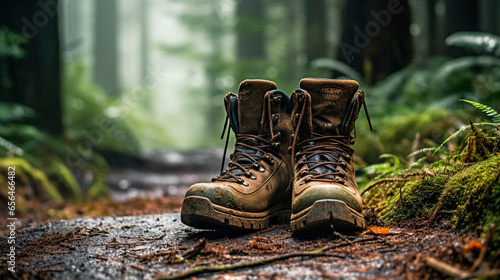 a rugged and quality pair of hiking boots on a muddy forest trail, sporty and active