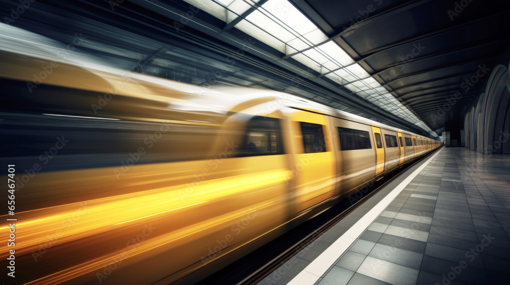 Subway underground tunnel with blurry rail tracks and subway train, concept of public transport Subway underground tunnel with blurry rail tracks and subway train, concept of public transport