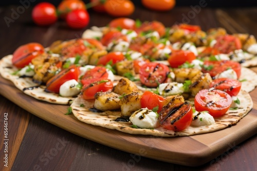 grilled scallops being arranged on a rustic flatbread