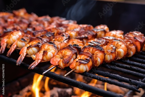 barbecue grill filled with skewered shrimp