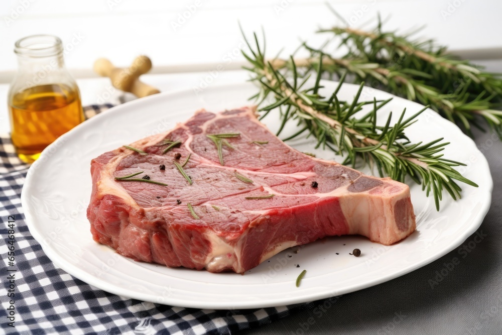 t-bone steak on a white ceramic plate with rosemary