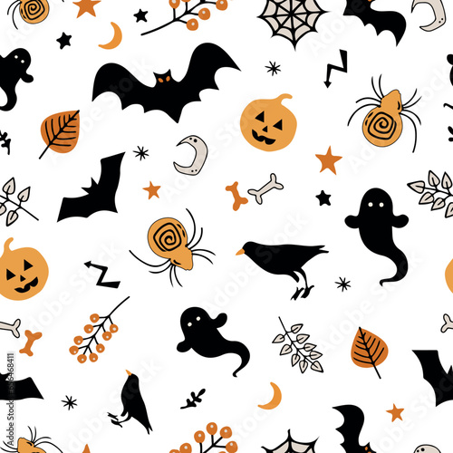 halloween seamless pattern with pumpkin,ghost,spider,bat,spider web,crow,star,moon,buds,bone,leaves,Colorful hallowen vector illustration,symbol,
