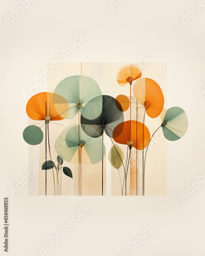 Abstract geometric shapes in earh colors (green, beige, orange), pressed flower art photo