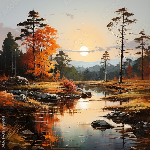 Picture a placid lake surrounded by trees with colorful Autumn foliage, in a painterly style reminiscent of the Hudson River School, peaceful and refreshing