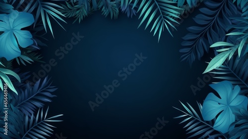 Collection of tropical leaves in blue with copy space  Generative AI