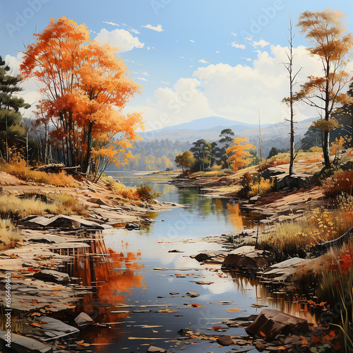 Picture a placid lake surrounded by trees with colorful Autumn foliage, in a painterly style reminiscent of the Hudson River School, peaceful and refreshing