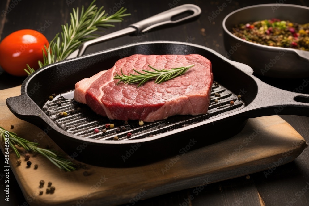 grill pan with raw steak and rosemary