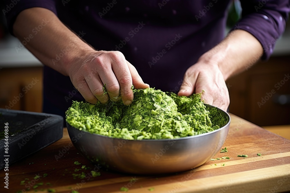 hand stirring freshly made guacamole hand stirring freshly made guacamole