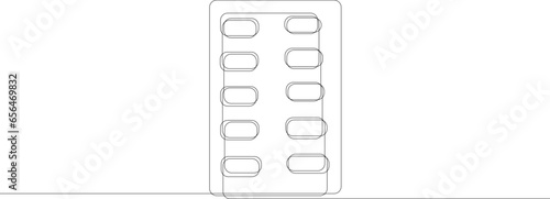 Continuous one line drawing of blister with pills. Minimalist single line style healthcare concept. Vector illustration.