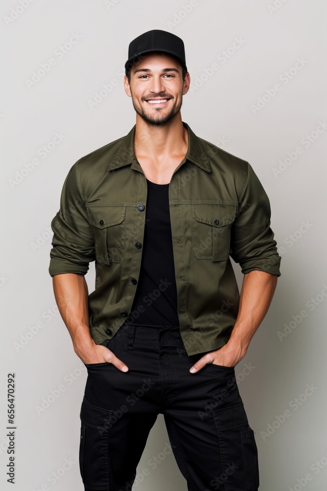 Portrait of a handsome young man in cap and khaki shirt Portrait of a handsome young man in cap and khaki shirt