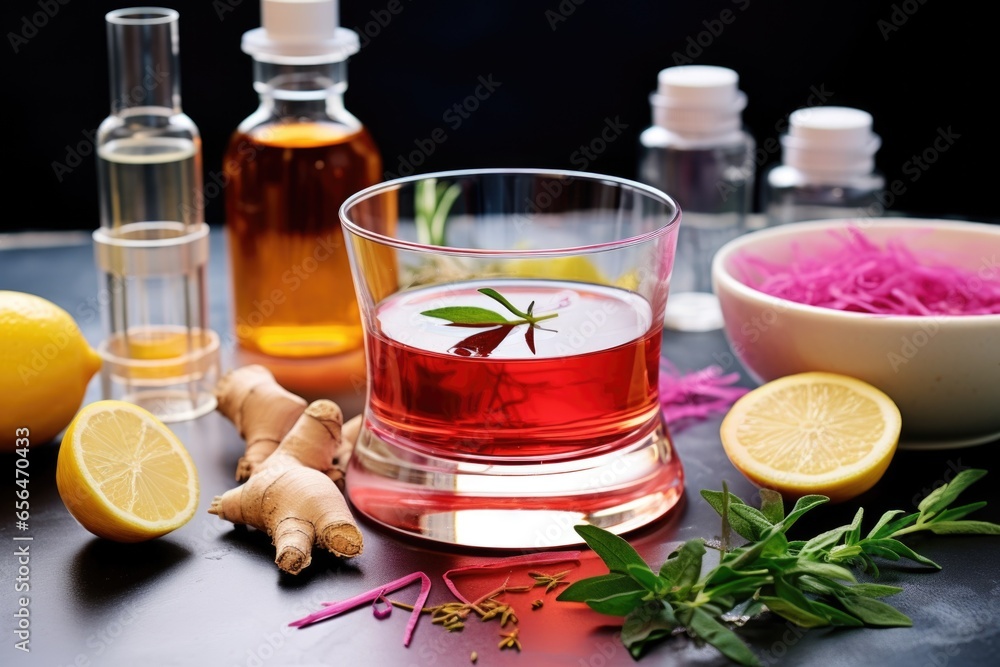 cosmopolitan cocktail in the center of unstirred cocktail ingredients cosmopolitan cocktail in the center of unstirred cocktail ingredients