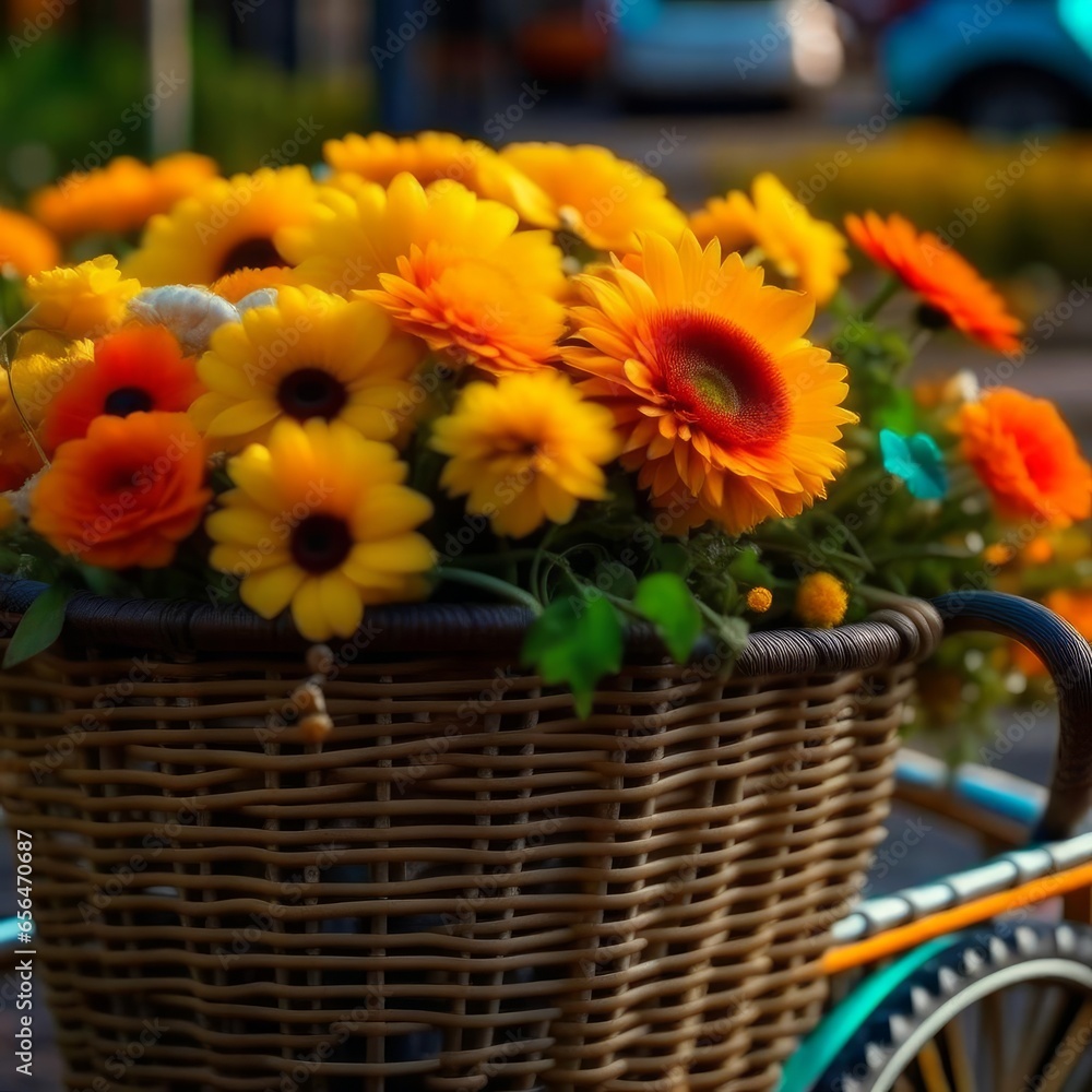 Wicker basket with yellow flowers.