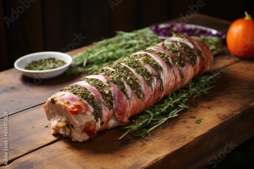 pork loin pleasantly covered in mixed herbs, on a wooden table