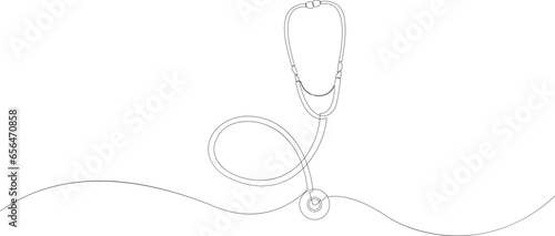 Continuous one line drawing of medical stethoscope. Medical health concept in doodle style. Minimalist design by single line vector illustration.