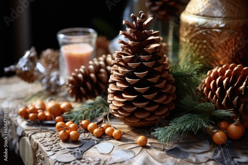 a close up of a unfinished pine cone centerpiece on a crafting table