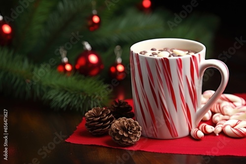 a ceramic mug of peppermint mocha beside a pine cone