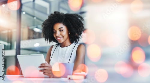 Business woman, tablet and office planning, online marketing and research or website management. Professional african worker with social media report or digital technology and bokeh overlay or space