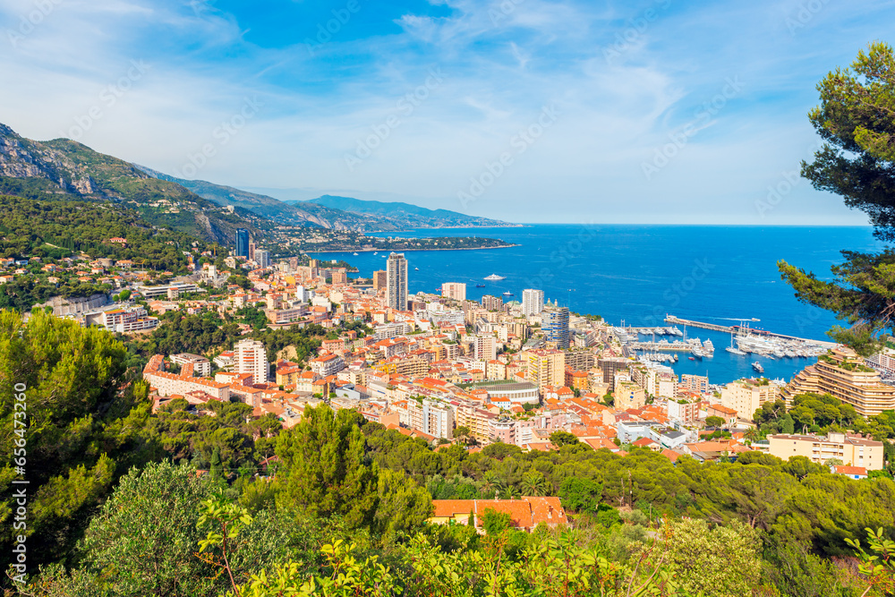 High angle view on the City State of Monaco at the French Riviera on summer day in June