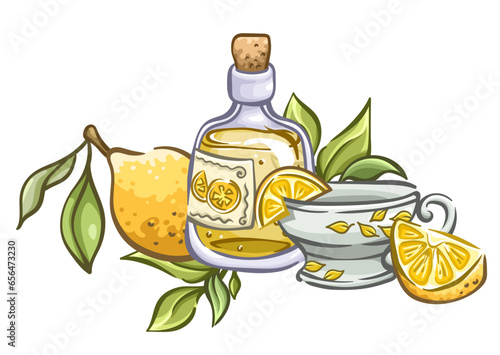 Cozy composition with lemon, syrup and tea cup