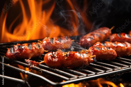 sizzling sausages on a grill top  fat dripping