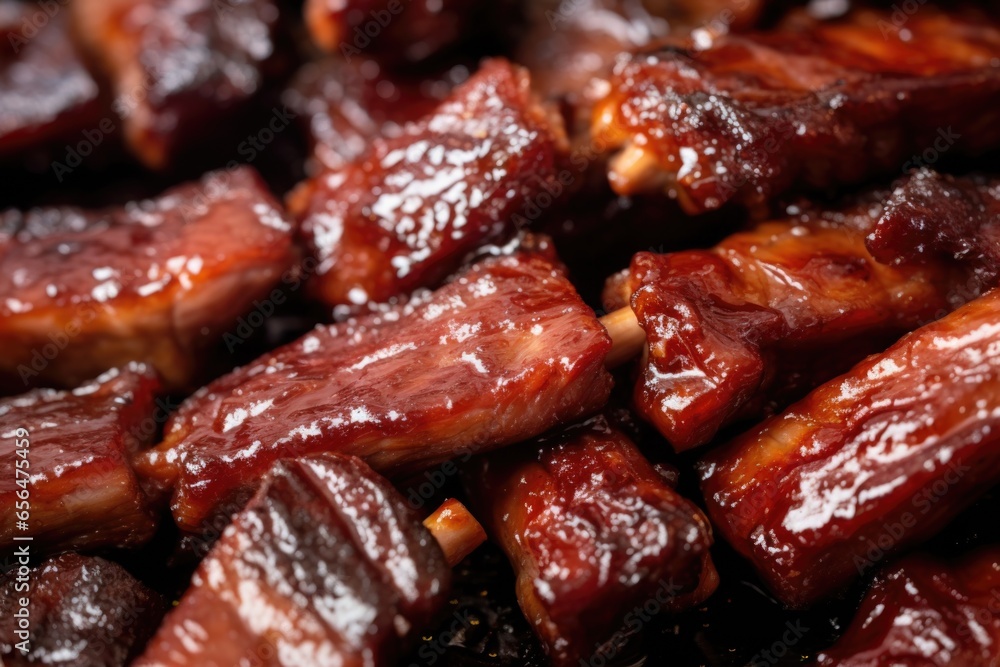 macro shot of cooked sticky ribs showing meat texture macro shot of cooked sticky ribs showing meat texture
