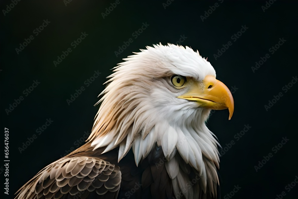 A closeup of a bald eagle looking straight into the camera, dark matte background. High quality photo. A closeup of a bald eagle looking straight into the camera, dark matte background. High quality photo.