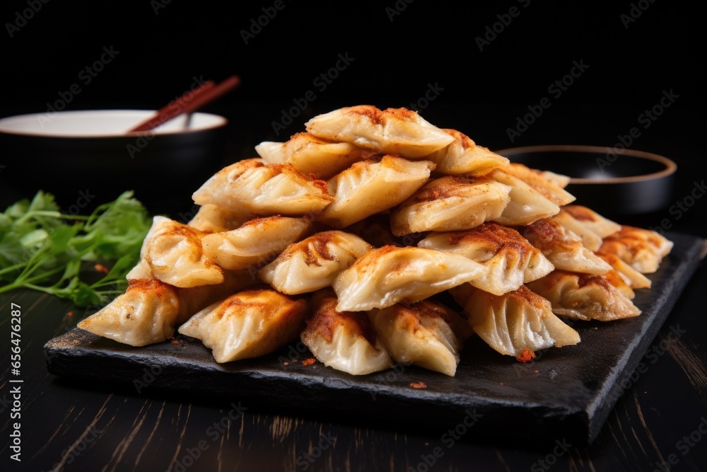 pile of fried gyoza dumplings on a black stone slab pile of fried gyoza dumplings on a black stone slab
